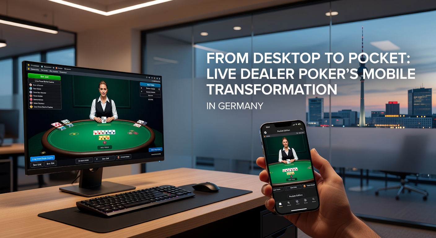 Smartphone mit Live Dealer Poker App auf dem Bildschirm, umgeben von Karten und Chips, symbolisiert die Mobilität des Spiels