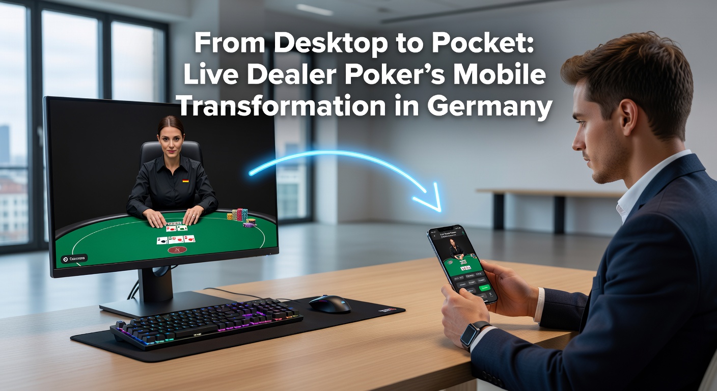 Live Dealer am Pokertisch mit mobilen Geräten im Vordergrund, zeigt die nahtlose Integration von Desktop- zu Mobile-Erfahrung