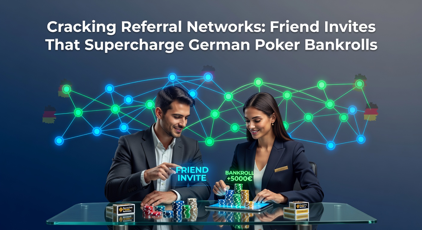 Grafik zeigt ein Netzwerk aus verbundenen Pokerspielern mit einfließenden Boni durch Freundeseinladungen, die Bankrolls wachsen lassen