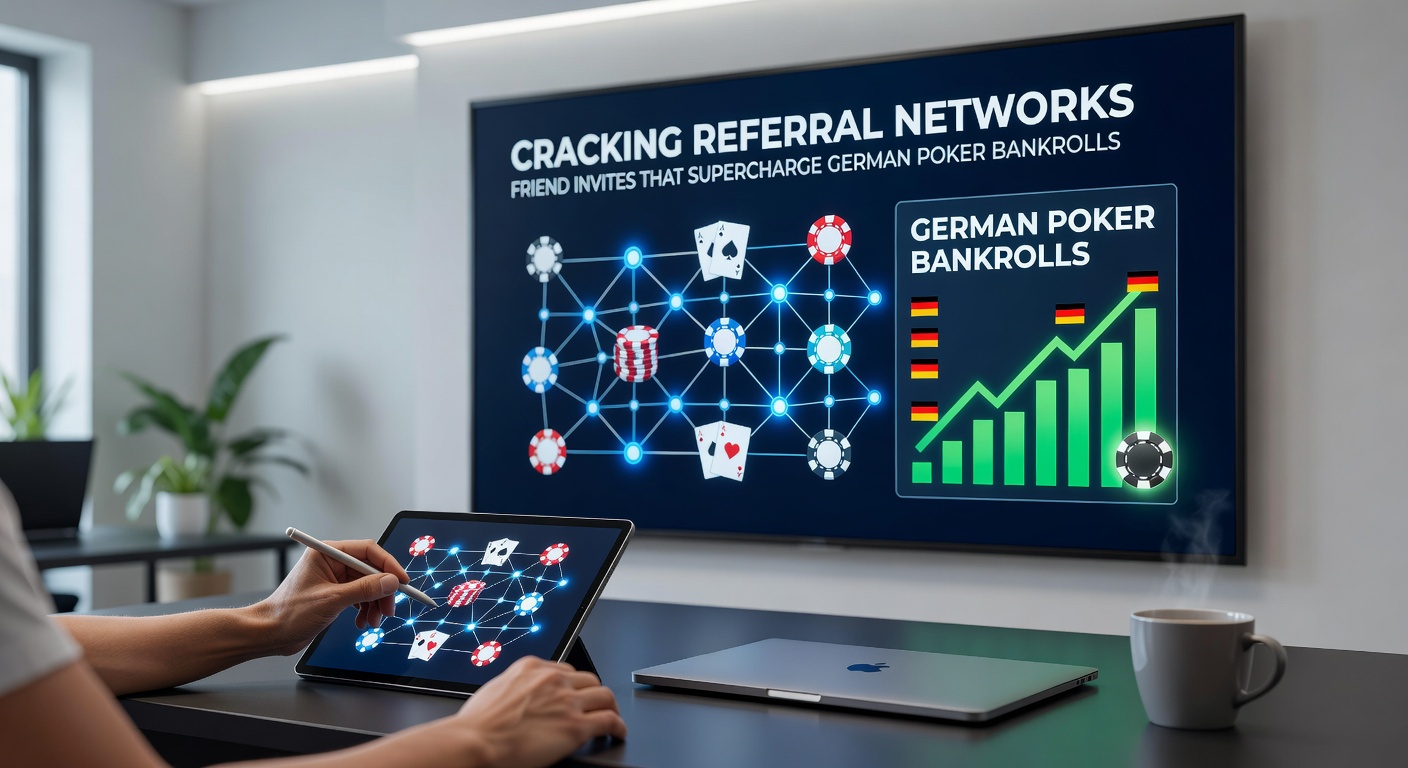 Detaillierte Infografik zu einem erfolgreichen Referral-Netzwerk, mit Balkendiagrammen zu Bonusverteilung und Bankroll-Wachstum bei deutschen Pokerspielern