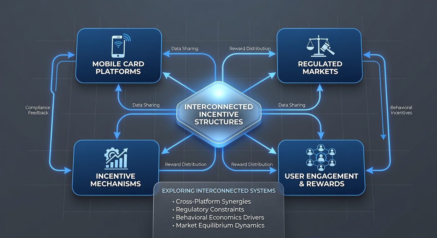 Interconnected incentives across mobile card platforms showing loyalty and referral networks