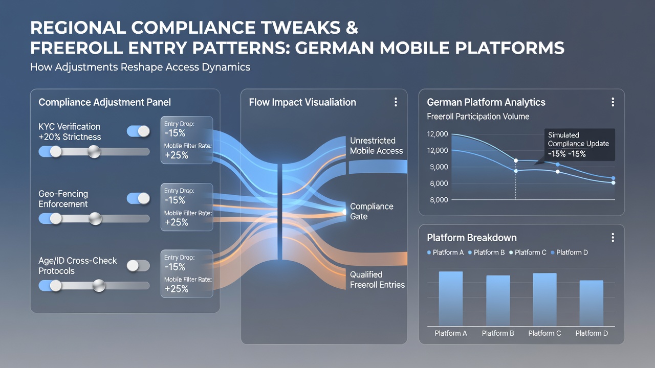 Darstellung mobiler Poker-Apps mit regionalen Compliance-Filtern und Freeroll-Eintrittsstatistiken