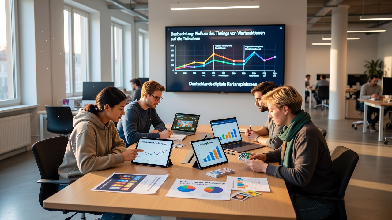 Grafik zeigt Teilnahmequoten bei digitalen Kartenspielen in Deutschland abhängig vom Timing von Werbeaktionen mit Diagrammen für Wochentage und Monate