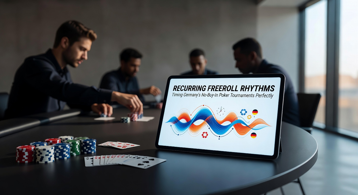 Poker-Spieler am Laptop, der ein Freeroll-Turnier startet, mit Uhr und Kalender im Hintergrund