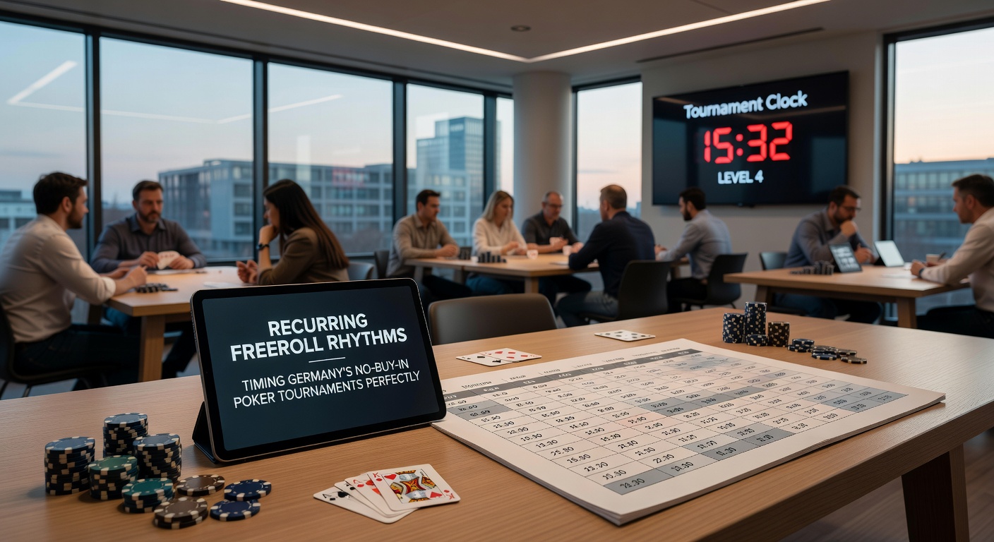 Kalender mit markierten Freeroll-Turnieren und Uhrzeiten auf einem Poker-App-Display