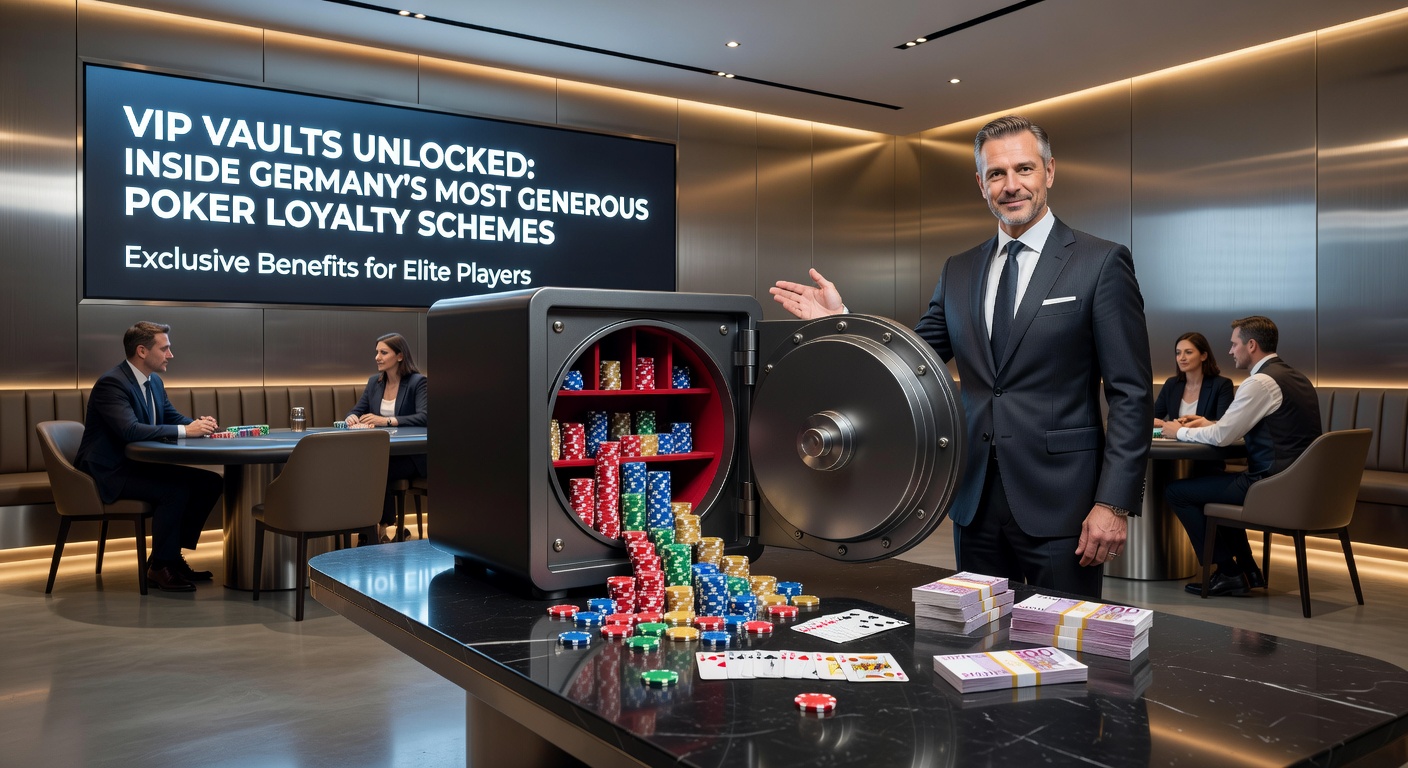 Ein stilisiertes Bild eines goldenen Tresors, der sich öffnet und Pokerchips sowie Belohnungen freigibt, symbolisiert die Exklusivität von VIP-Programmen in der deutschen Pokerszene